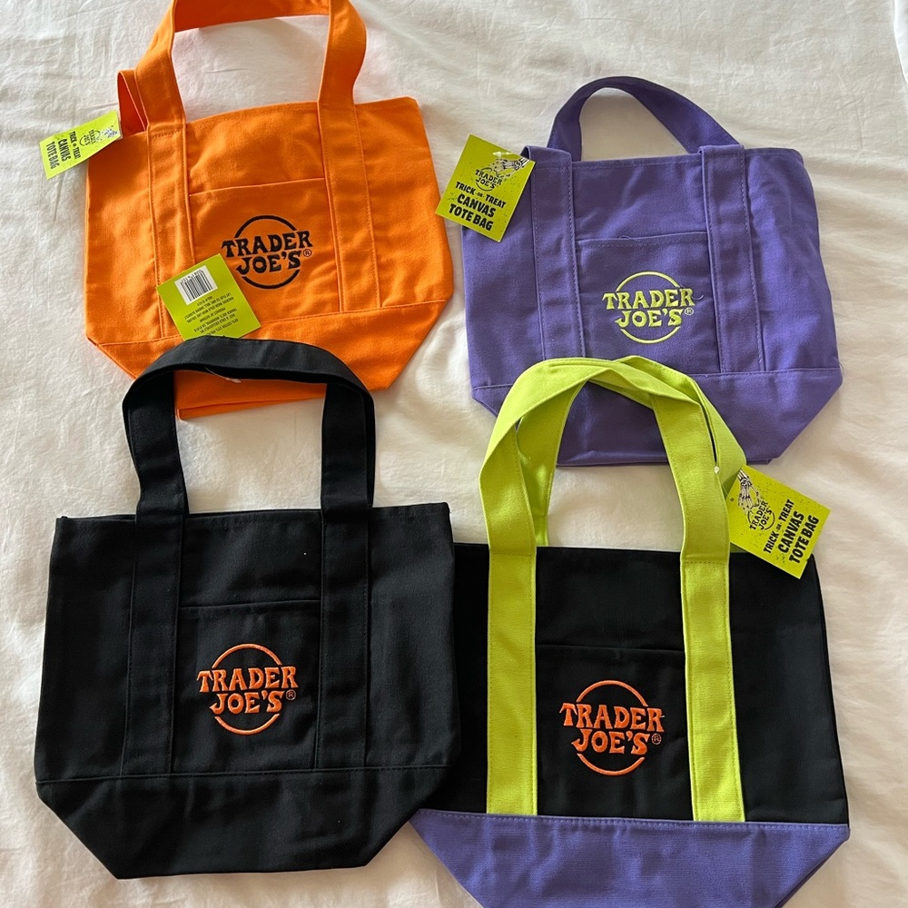 Trader Joe's Halloween Mini Canvas Tote Bag Set Of 4 orange black purple Multi